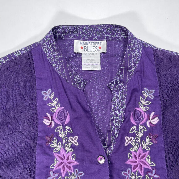 Vtg Mainstreet Blues Embroidered Purple Cotton Blend Button Blouse Size L Lace - Picture 5 of 9